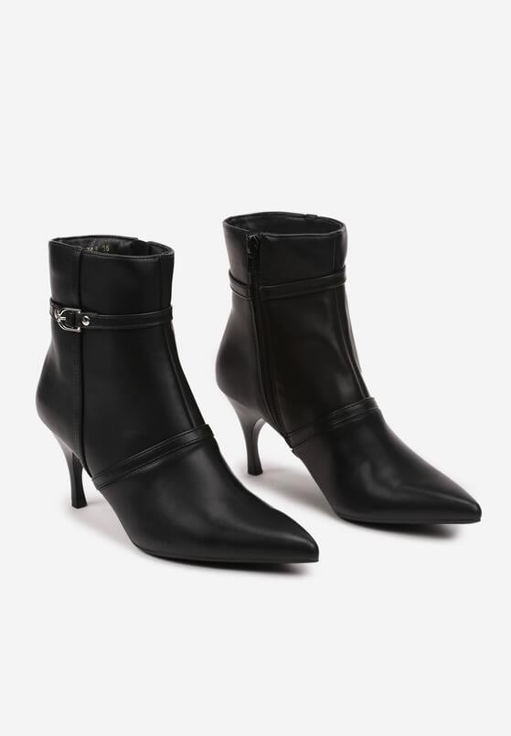 Czarne Eleganckie Botki na Niskiej Szpilce z Noskiem w Szpic Zdobionym Klamrami Evarina 5