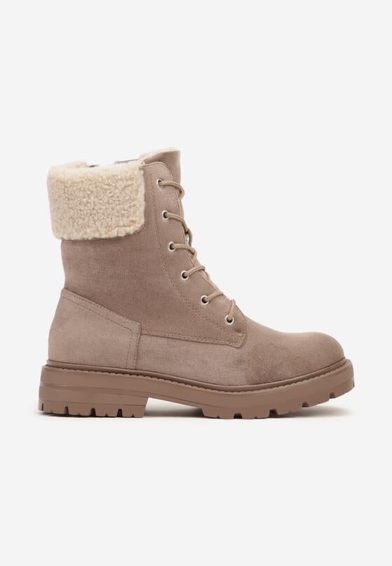 Beżowe Botki Workery na Płaskiej Podeszwie Zdobione Futerkiem Typu Baranek Nevasilla 4