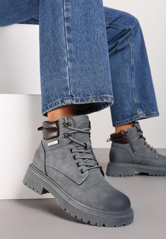 Szare Botki Trekkingowe na Płaskiej Podeszwie ze Sznurowaniem Sinalis 2