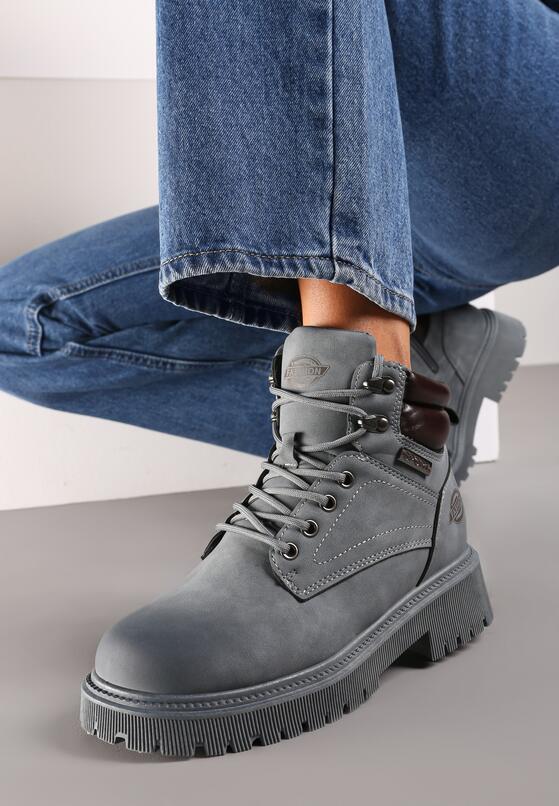 Szare Botki Trekkingowe na Płaskiej Podeszwie ze Sznurowaniem Sinalis 3
