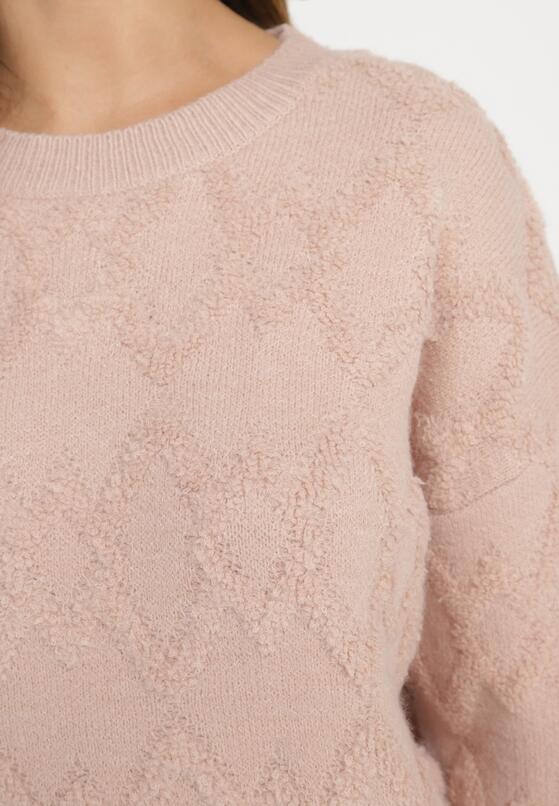 Jasnoróżowy Sweter o Luźnym Kroju i Wzorzystym Splocie ze Ściągaczami Elondrae 5