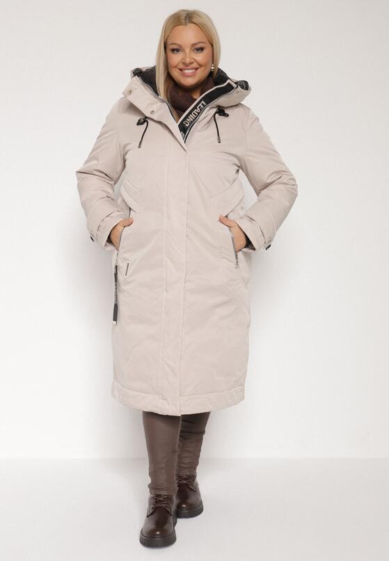 Beżowa Kurtka z Kapturem o Wydłużonym Fasonie z Kieszeniami na Suwak Loreldra 1