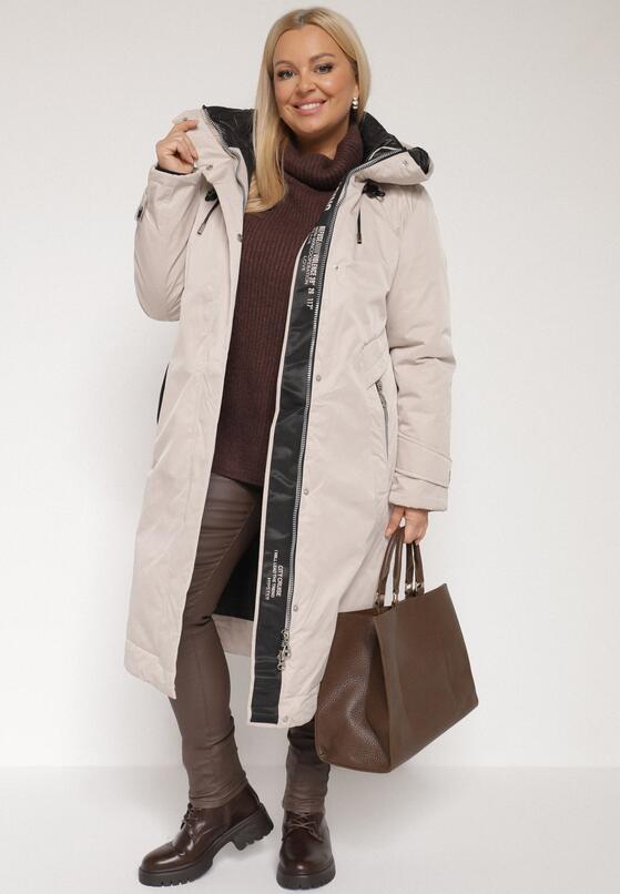 Beżowa Kurtka z Kapturem o Wydłużonym Fasonie z Kieszeniami na Suwak Loreldra 2