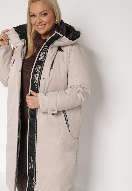 Beżowa Kurtka z Kapturem o Wydłużonym Fasonie z Kieszeniami na Suwak Loreldra 4