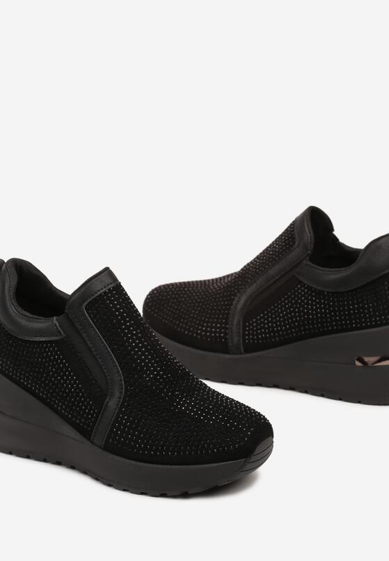 Czarne Sneakersy na Koturnie z Metaliczną Wstawką i Cyrkoniami Melobina 6