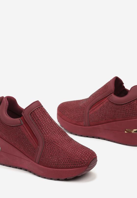 Bordowe Sneakersy na Koturnie z Metaliczną Wstawką i Cyrkoniami Melobina 6