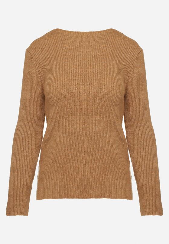 Brązowy Sweter w Klasycznym Stylu z Dekoltem w Łódkę Zinvirra 6