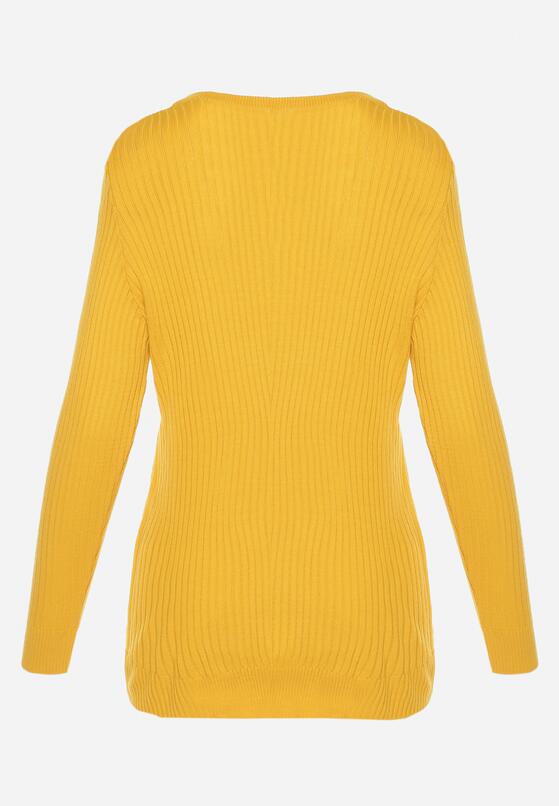 Beżowy Sweter z Trójkątnym Dekoltem z Prążkowanej Dzianiny Derige 7