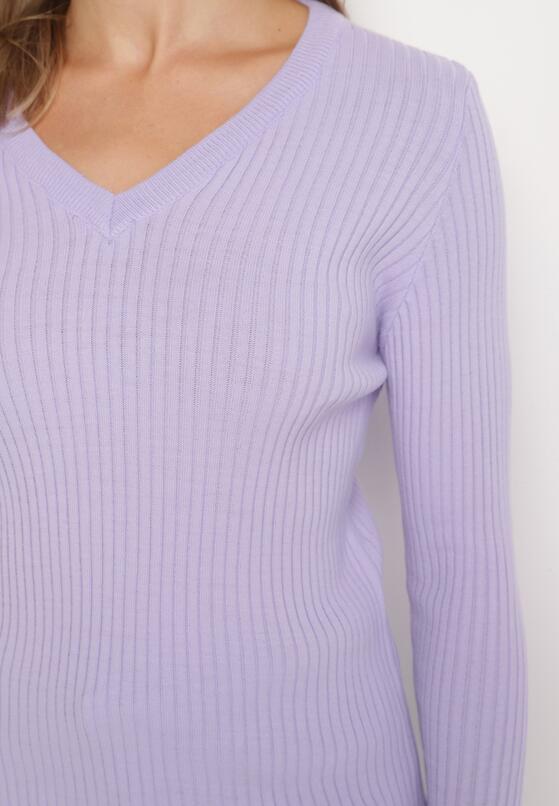 Fioletowy Sweter z Trójkątnym Dekoltem z Prążkowanej Dzianiny Derige 5