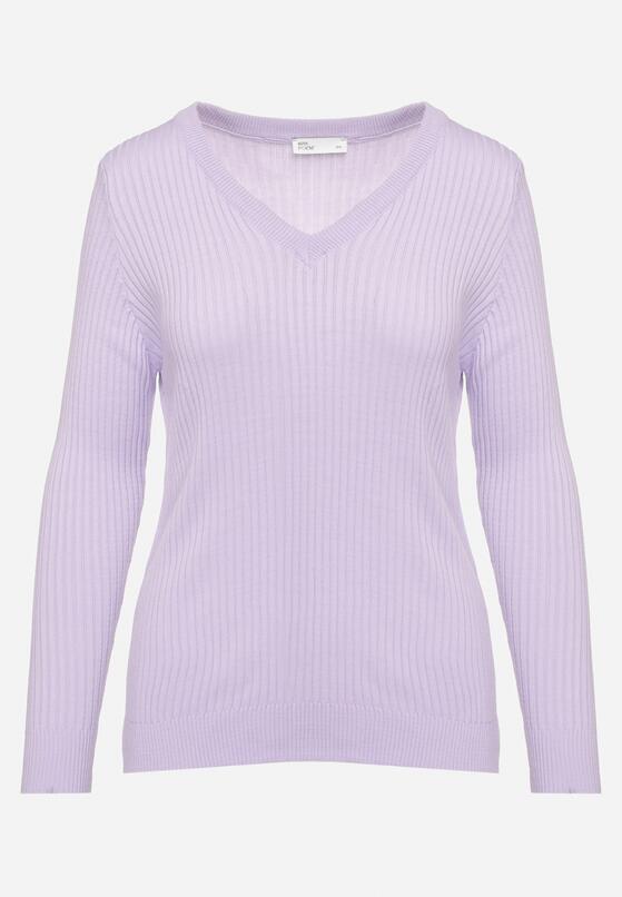 Fioletowy Sweter z Trójkątnym Dekoltem z Prążkowanej Dzianiny Derige 6