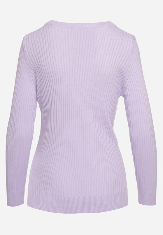 Fioletowy Sweter z Trójkątnym Dekoltem z Prążkowanej Dzianiny Derige 7