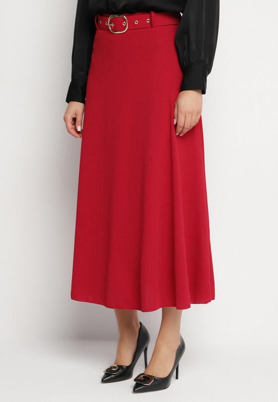 Bordowa Rozkloszowana Spódnica z Wysokim Stanem Ozdobiona Paskiem z Klamrą Lobir 1