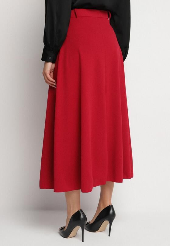 Bordowa Rozkloszowana Spódnica z Wysokim Stanem Ozdobiona Paskiem z Klamrą Lobir 3