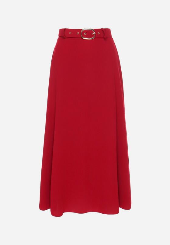 Bordowa Rozkloszowana Spódnica z Wysokim Stanem Ozdobiona Paskiem z Klamrą Lobir 6