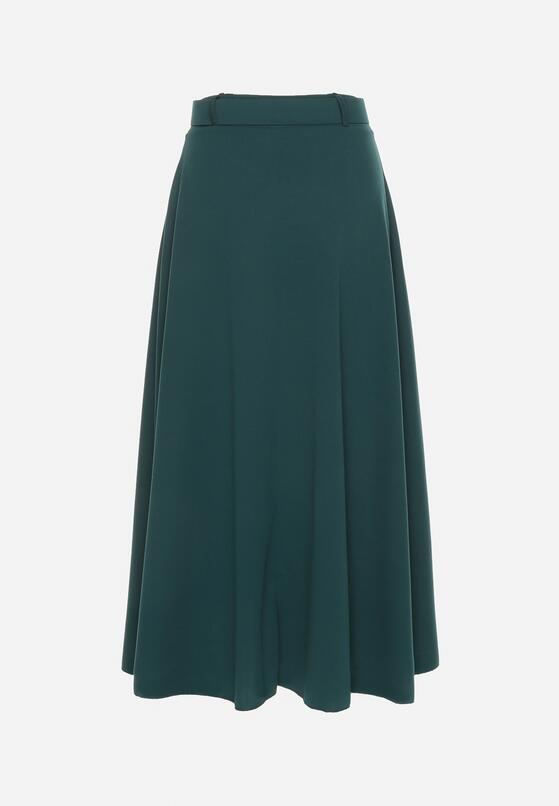 Ciemnozielona Rozkloszowana Spódnica z Wysokim Stanem Ozdobiona Paskiem z Klamrą Lobira 7