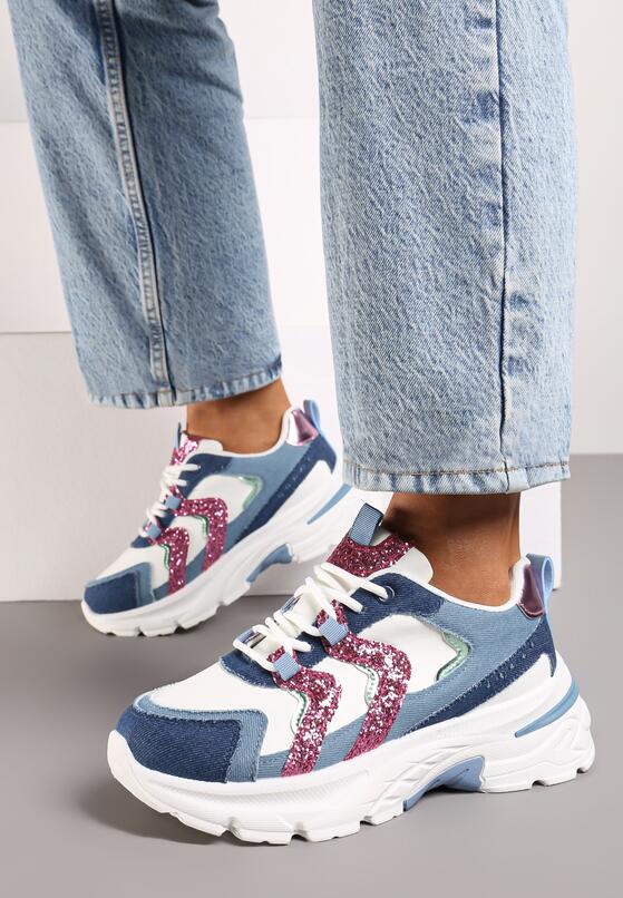 Niebieskie Sneakersy na Grubej Podeszwie z Brokatowymi Wstawkami Sairiel 1