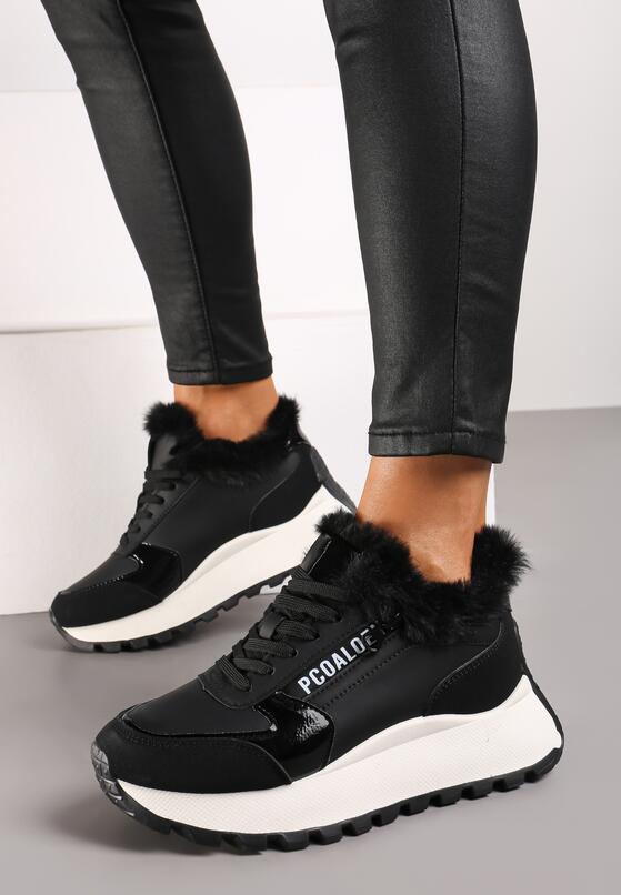 Czarne Sneakersy na Platformie Zdobione Futerkiem Kelilora 2