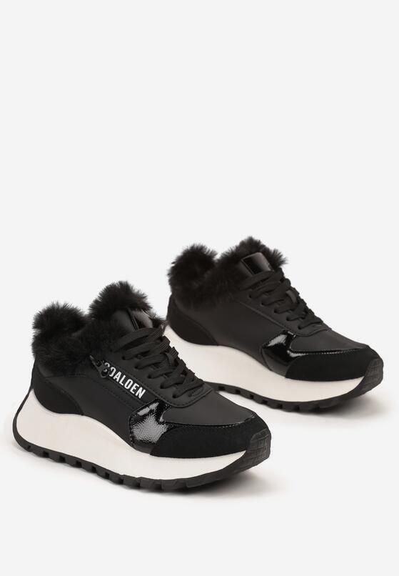 Czarne Sneakersy na Platformie Zdobione Futerkiem Kelilora 5