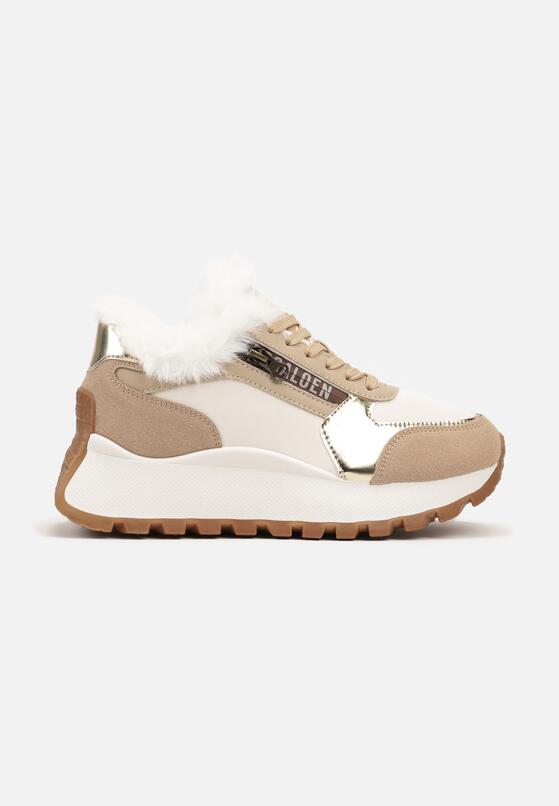 Beżowe Sneakersy na Platformie Zdobione Futerkiem Kelilora 4