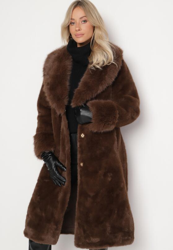 Brązowy Futerkowy Płaszcz z Szerokim Kołnierzem i Mankietami z Wiązanym Paskiem Viaruna 4