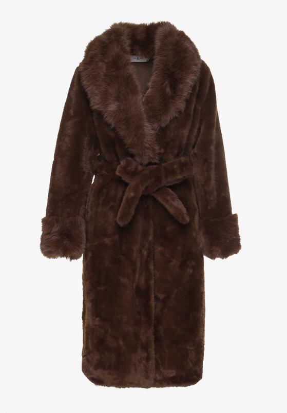 Brązowy Futerkowy Płaszcz z Szerokim Kołnierzem i Mankietami z Wiązanym Paskiem Viaruna 6