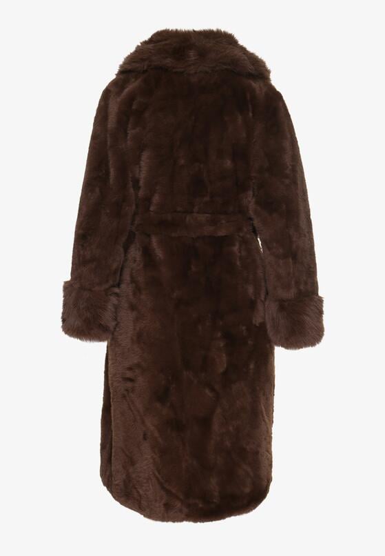 Brązowy Futerkowy Płaszcz z Szerokim Kołnierzem i Mankietami z Wiązanym Paskiem Viaruna 7