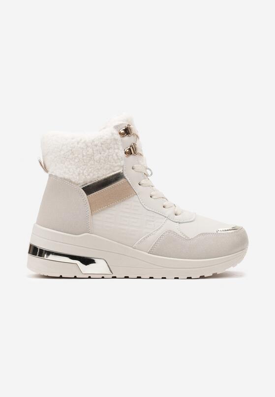 Beżowe Sneakersy na Koturnie Zdobione Metalicznymi Wstawkami i Futerkiem Omedia 4