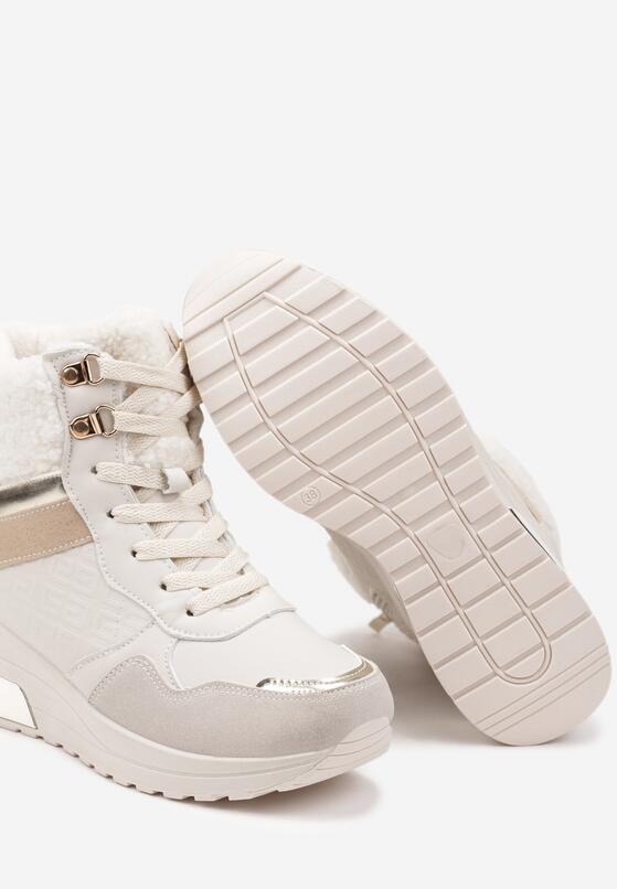 Beżowe Sneakersy na Koturnie Zdobione Metalicznymi Wstawkami i Futerkiem Omedia 6