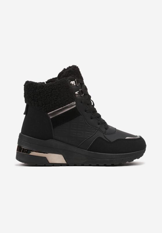 Czarne Sneakersy na Koturnie Zdobione Metalicznymi Wstawkami i Futerkiem Omedia 4