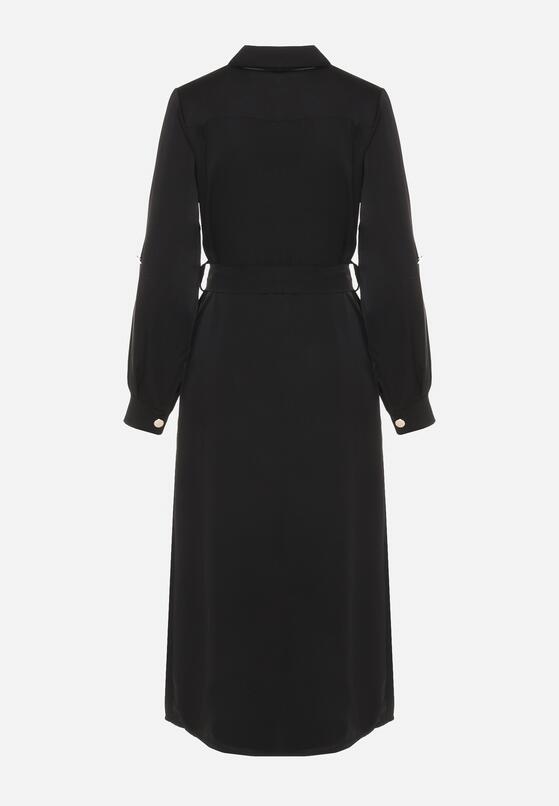 Czarna Koszulowa Sukienka z Eleganckimi Guzikami i Wiązanym Paskiem w Talii Kortella 7
