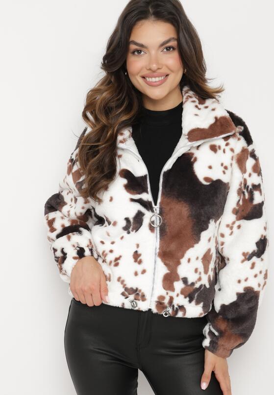 Czarno-Biała Futerkowa Kurtka ze Ściągaczami i Kołnierzykiem w Animal Print Fortilia 2