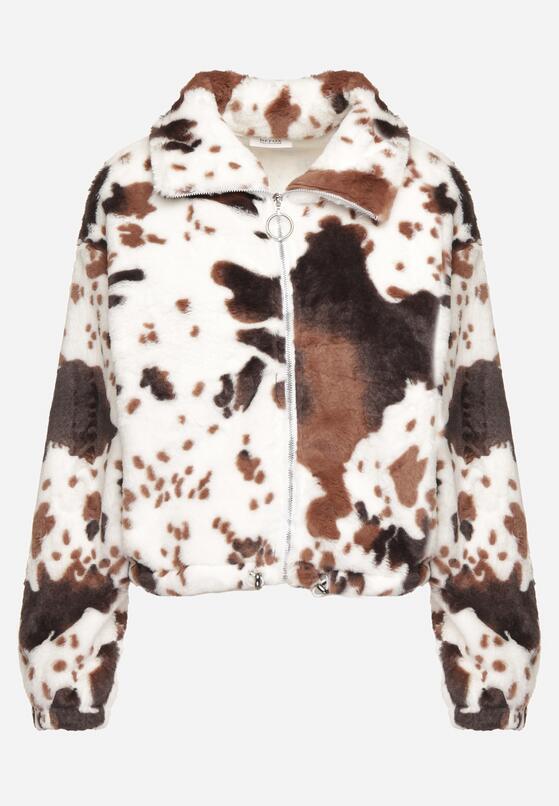 Czarno-Biała Futerkowa Kurtka ze Ściągaczami i Kołnierzykiem w Animal Print Fortilia 6