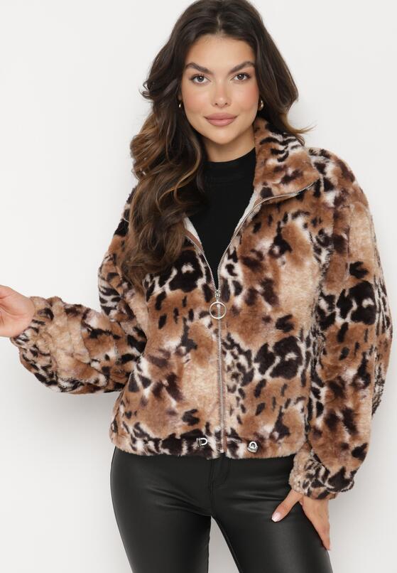Czarno-Beżowa Futerkowa Kurtka ze Ściągaczami i Kołnierzykiem w Animal Print Fortilia 1