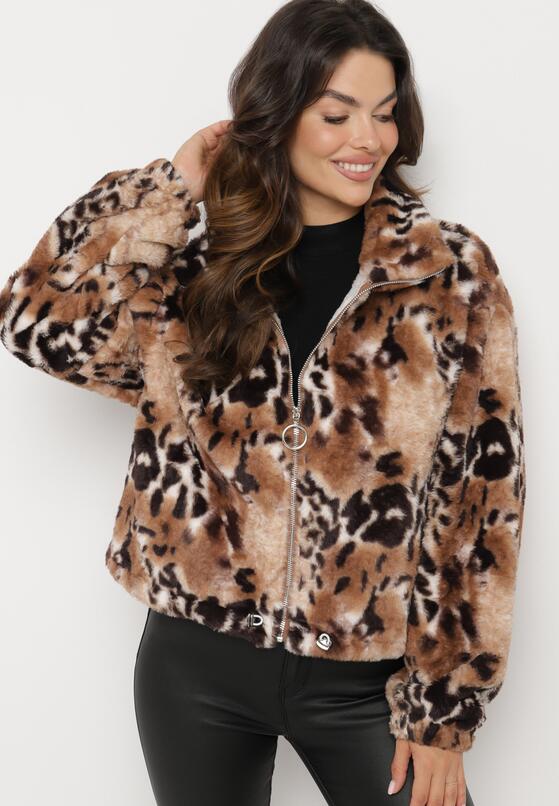 Czarno-Beżowa Futerkowa Kurtka ze Ściągaczami i Kołnierzykiem w Animal Print Fortilia 2