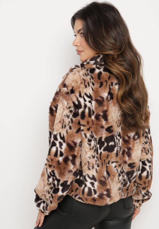 Czarno-Beżowa Futerkowa Kurtka ze Ściągaczami i Kołnierzykiem w Animal Print Fortilia 3