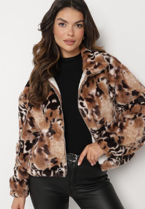 Czarno-Beżowa Futerkowa Kurtka ze Ściągaczami i Kołnierzykiem w Animal Print Fortilia 4