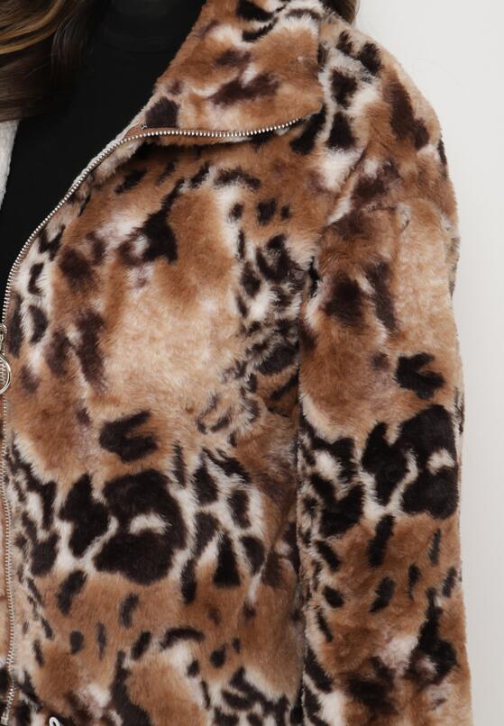Czarno-Beżowa Futerkowa Kurtka ze Ściągaczami i Kołnierzykiem w Animal Print Fortilia 5