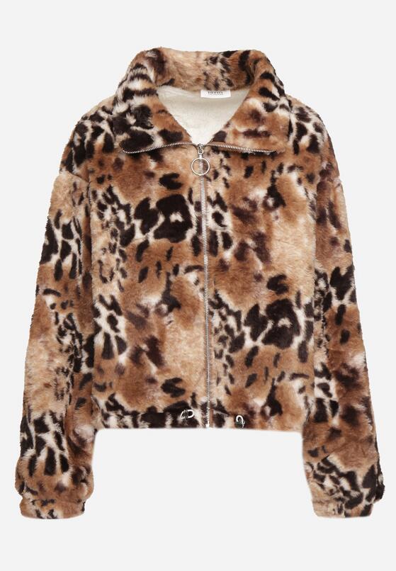 Czarno-Beżowa Futerkowa Kurtka ze Ściągaczami i Kołnierzykiem w Animal Print Fortilia 6