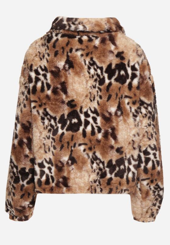 Czarno-Beżowa Futerkowa Kurtka ze Ściągaczami i Kołnierzykiem w Animal Print Fortilia 7