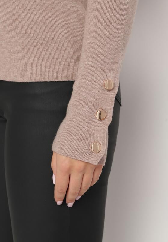 Beżowy Sweter z Dekoltem V i Ozdobnymi Guzikami na Rękawach Atterisa 5
