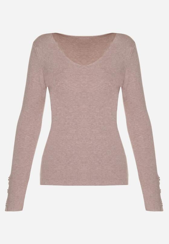 Beżowy Sweter z Dekoltem V i Ozdobnymi Guzikami na Rękawach Atterisa 6