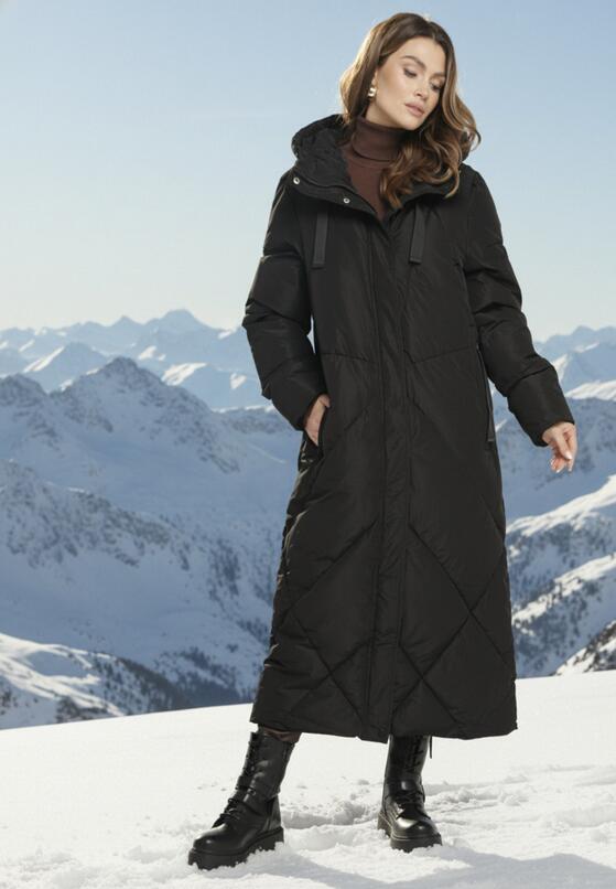 Czarna Pikowana Kurtka o Długim Pudełkowym Kroju z Kapturem i Kieszeniami Attesina 1