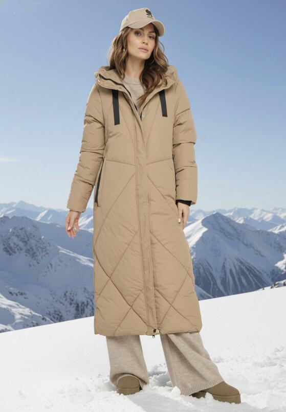 Ciemnobeżowa Pikowana Kurtka o Długim Pudełkowym Kroju z Kapturem i Kieszeniami Attesina 1