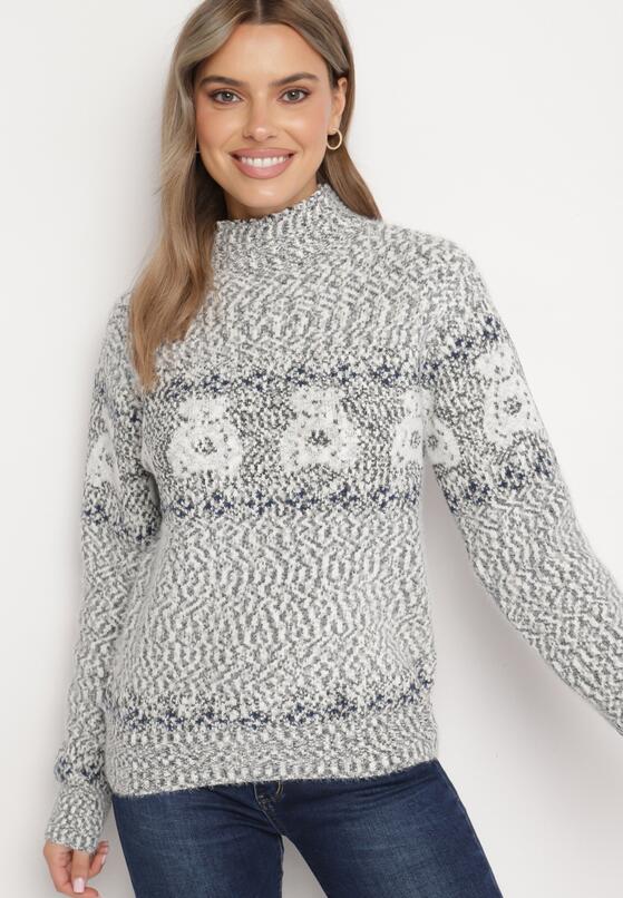 Ciemnoszary Sweter z Wełną w Misiowy Wzór ze Ściągaczami Dorizelle 4