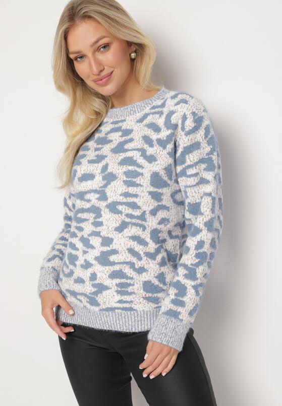 Szaro-Niebieski Sweter z Wełną o Klasycznym Kroju Zdobiony Wzorem w Cętki Zinarisa 4