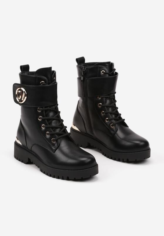 Czarne Botki Workery z Rzepem Metalowymi Wstawkami i Elegancką Aplikacją Nolrina 5