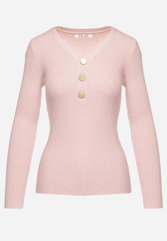 Jasnoróżowy Sweter z Bawełną z Prążkowanego Materiału Ozdobiony Guzikami Zinfera 6