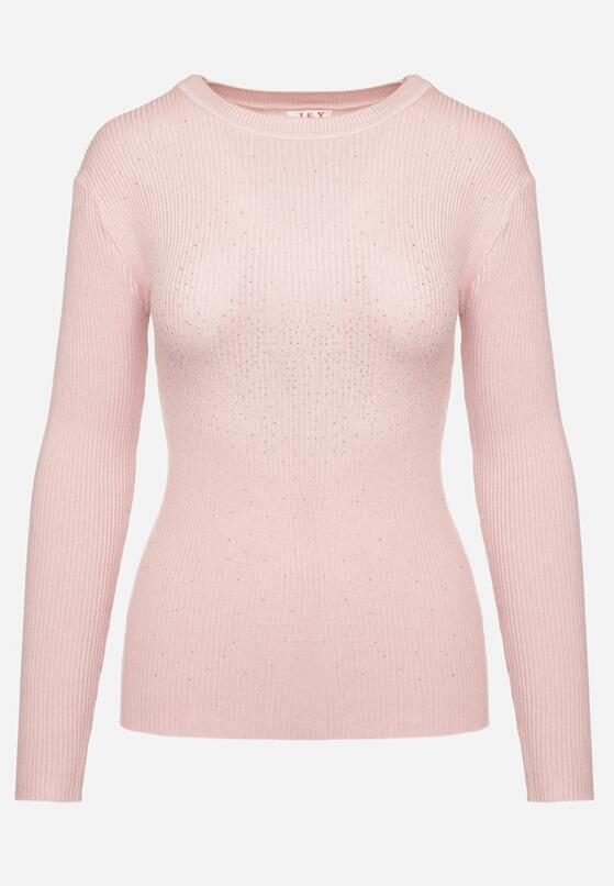 Jasnoróżowy Sweter Prążkowany z Cyrkoniami Romivra 6