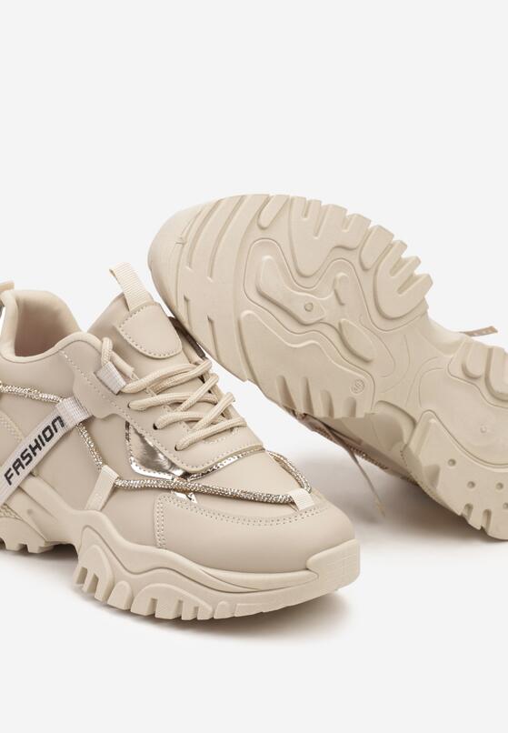 Beżowe Sznurowane Sneakersy na Grubej Tłoczonej Podeszwie z Cyrkoniami i Napisem Zinaeth 6