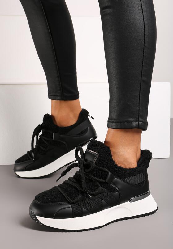 Czarne Sneakersy z Futerkiem Typu Baranek na Grubej Podeszwie Zinithara 2
